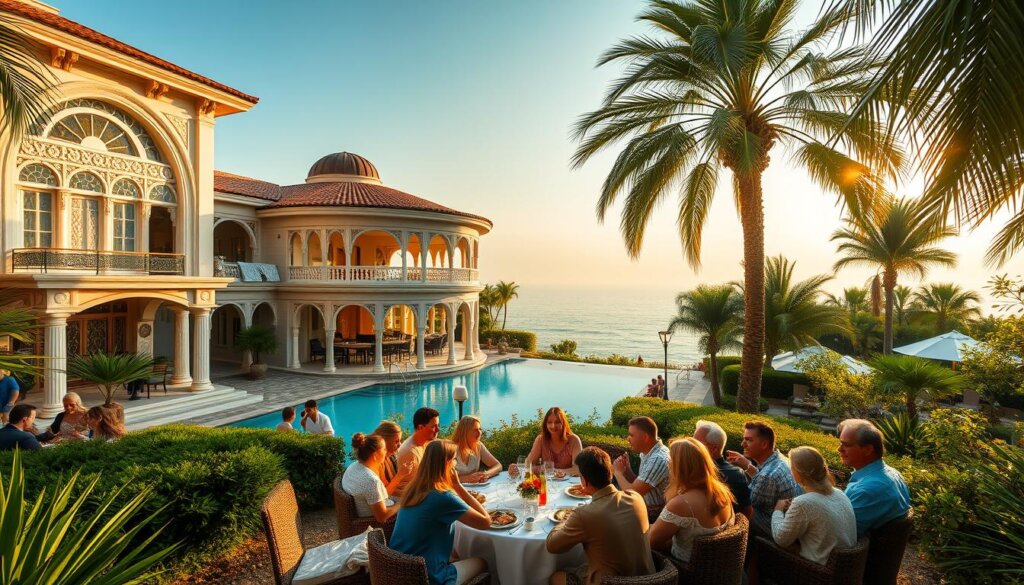An expansive Turkish villa nestled amidst lush, verdant gardens, with a grand terrace overlooking a serene, azure pool. Sunlight filters through the ornate arched windows, casting a warm, golden glow across the opulent interiors filled with intricate traditional decor. A mix of contemporary and classic furnishings creates an inviting, luxurious ambiance. In the foreground, a group of friends and family gather, sharing a leisurely meal and lively conversation, embodying the relaxed, communal spirit of Turkish villa living. Towering palm trees sway gently in the background, heightening the sense of tranquility and Mediterranean flair.