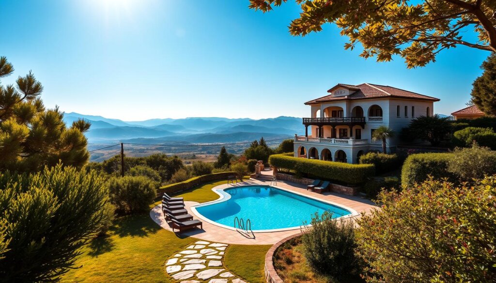 An expansive villa nestled amidst the serene Turkish countryside, featuring a shimmering private pool surrounded by lush greenery. The elegant exterior boasts traditional architectural elements, with ornate arches and terracotta tiles. Warm Mediterranean sunlight bathes the scene, casting gentle shadows and highlighting the villa's luxurious details. In the foreground, a stone path leads to the inviting pool, where a wooden deck and comfortable lounge chairs invite relaxation. The middle ground showcases the villa's sprawling layout, with multiple stories and balconies overlooking the tranquil setting. In the distance, rolling hills and a clear blue sky complete the picturesque tableau, exuding a sense of peaceful seclusion and ultimate luxury.
