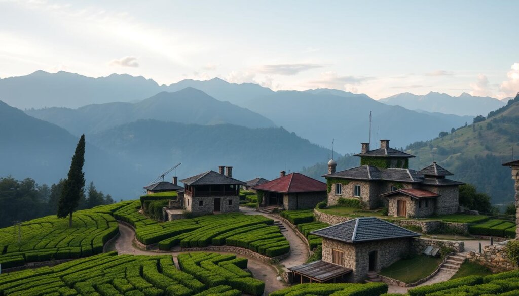 Generate an image of Uzumlu village with traditional stone houses and tea gardens surrounded by mountain views.
