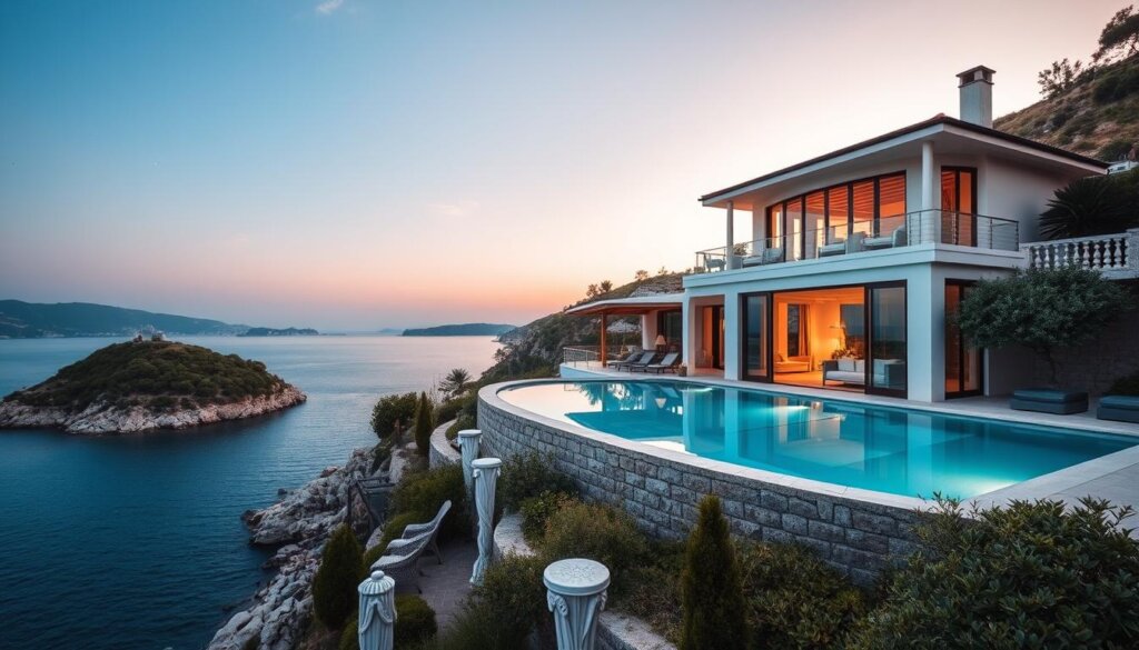 Generate an image of a luxurious villa with sea views in Bodrum, Turkey.