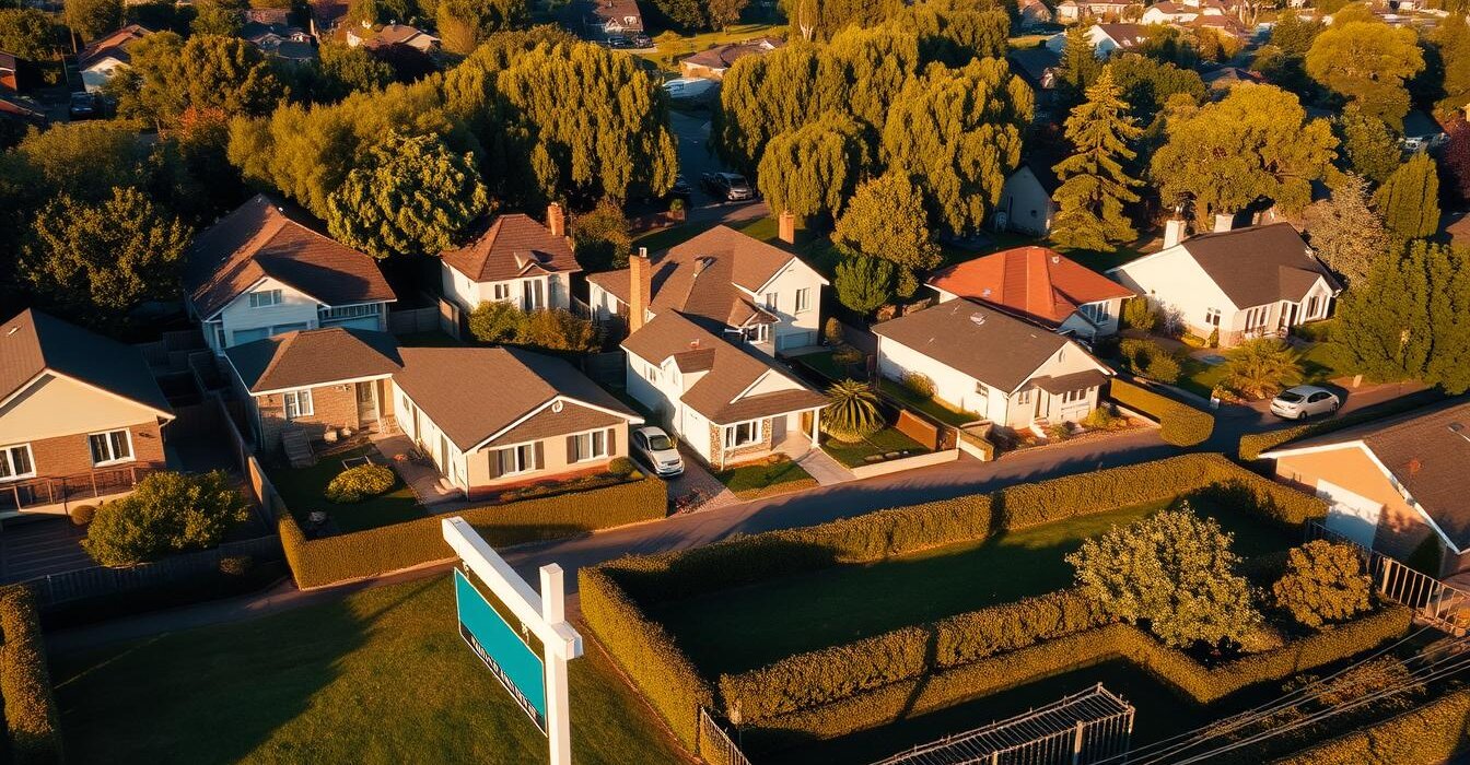 High-angle view of a residential neighborhood, with various-sized houses and properties of different shapes and sizes lining the streets. The scene is bathed in warm, golden afternoon sunlight, casting long shadows across the well-manicured lawns and neatly trimmed hedges. In the foreground, a "For Sale" sign stands prominently, drawing the viewer's attention to the varying property values represented by the diverse homes. The middle ground features a mix of modern and traditional architectural styles, while the background is framed by lush, mature trees swaying gently in a light breeze. The overall atmosphere conveys a sense of tranquility and the desirability of the neighborhood, underscoring the theme of "Side Property Prices".