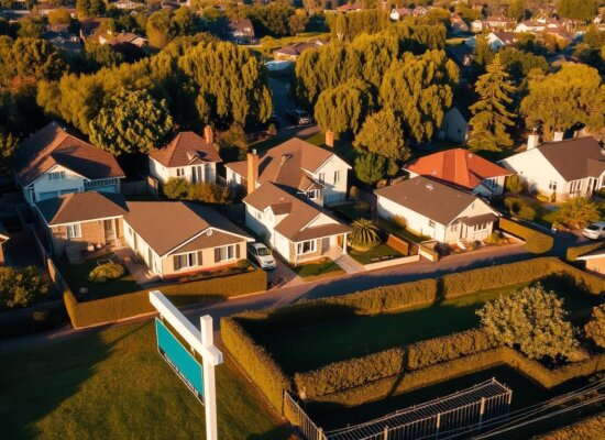 High-angle view of a residential neighborhood, with various-sized houses and properties of different shapes and sizes lining the streets. The scene is bathed in warm, golden afternoon sunlight, casting long shadows across the well-manicured lawns and neatly trimmed hedges. In the foreground, a "For Sale" sign stands prominently, drawing the viewer's attention to the varying property values represented by the diverse homes. The middle ground features a mix of modern and traditional architectural styles, while the background is framed by lush, mature trees swaying gently in a light breeze. The overall atmosphere conveys a sense of tranquility and the desirability of the neighborhood, underscoring the theme of "Side Property Prices".