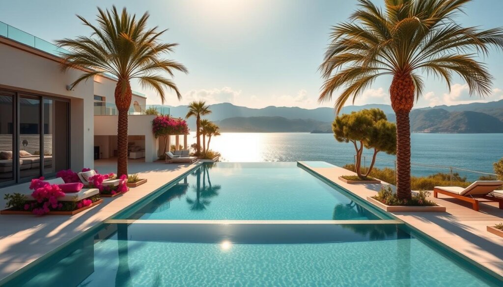 High-yield holiday homes in Antalya, Turkey, nestled amidst lush Mediterranean landscapes. Expansive villas with private pools and terraces, flanked by swaying palm trees and vibrant bougainvillea. Warm sunlight filters through large windows, casting a golden glow on the modern, open-concept interiors. Sleek, minimalist furnishings complement the coastal aesthetic, creating a serene and rejuvenating atmosphere. In the foreground, a pristine infinity pool overlooks the sparkling Turquoise Coast, with the majestic Taurus Mountains serving as a dramatic backdrop. This picturesque scene encapsulates the allure of renting your apartment in Antalya and generating passive income from the thriving holiday rental market.