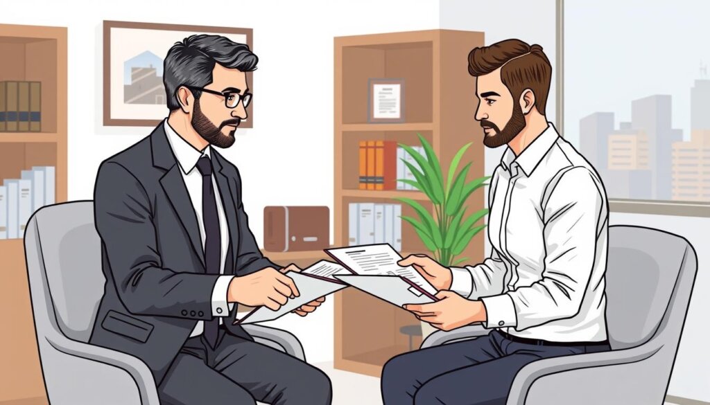 Image of a Turkish property lawyer explaining legal documents to a foreign property seller
