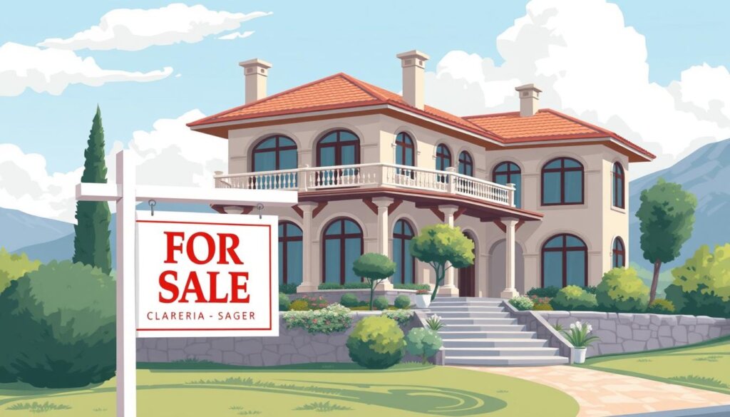 Image of a Turkish villa with a "For Sale" sign