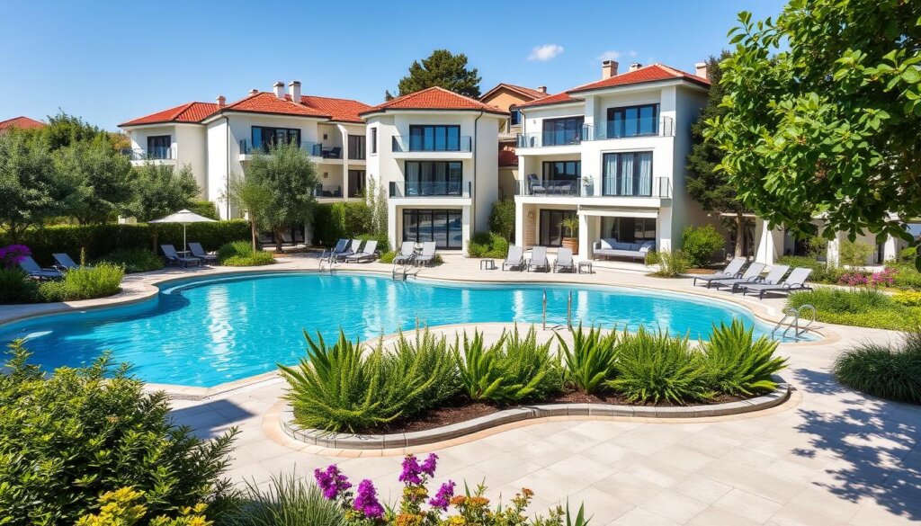 Image of a family-friendly villa community in Istanbul with a swimming pool and lush greenery