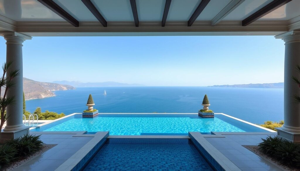 Image of a luxurious Turkish villa with a swimming pool and sea view