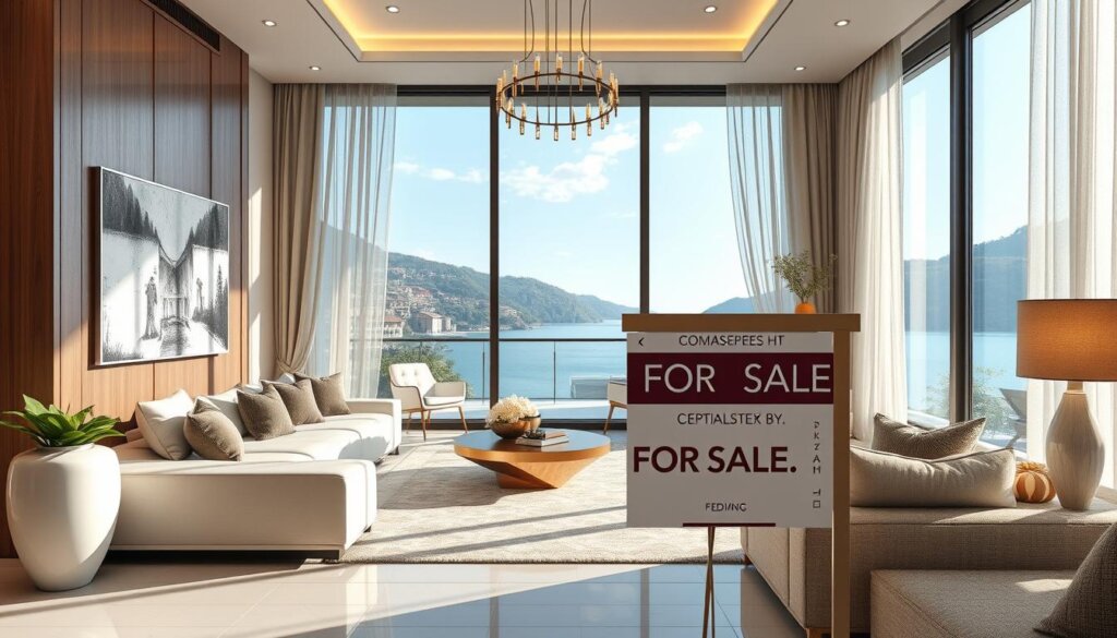 Image of a luxurious fully furnished apartment in Fethiye, Turkey, with a "For Sale" sign.