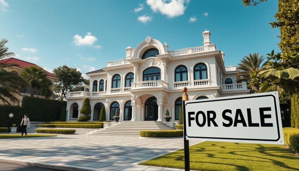 Image of a luxurious villa in Istanbul with a "For Sale" sign