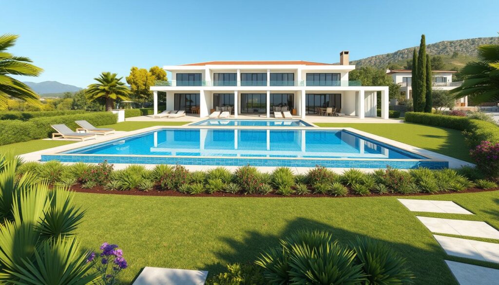 Image of a luxurious villa in Side, Turkey, with a private pool and landscaped garden
