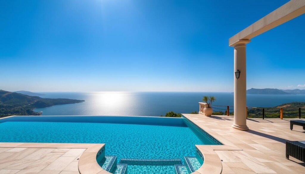 Image of a luxurious villa in Side, Turkey, with a private pool and stunning views of the Mediterranean Sea.