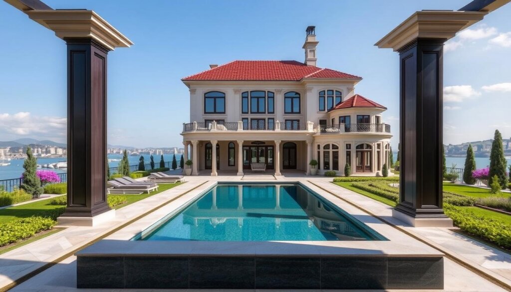 Image of a luxury villa in Istanbul with a private pool and landscaped gardens