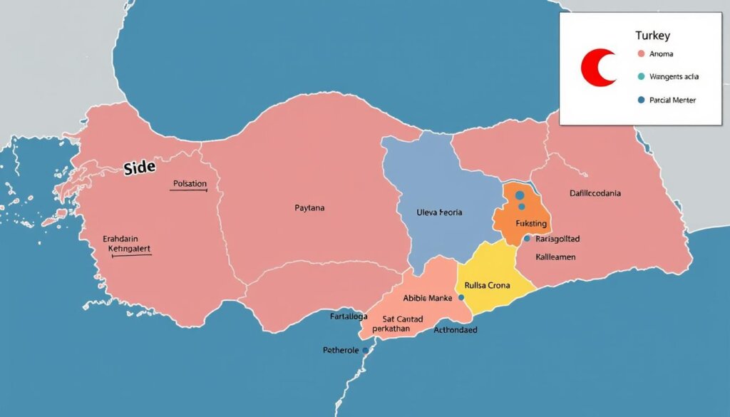 Image of a map highlighting different areas in Side, Turkey