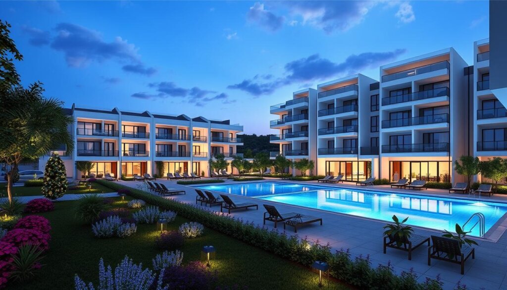 Image of a modern Fethiye apartment complex with a swimming pool and landscaped gardens