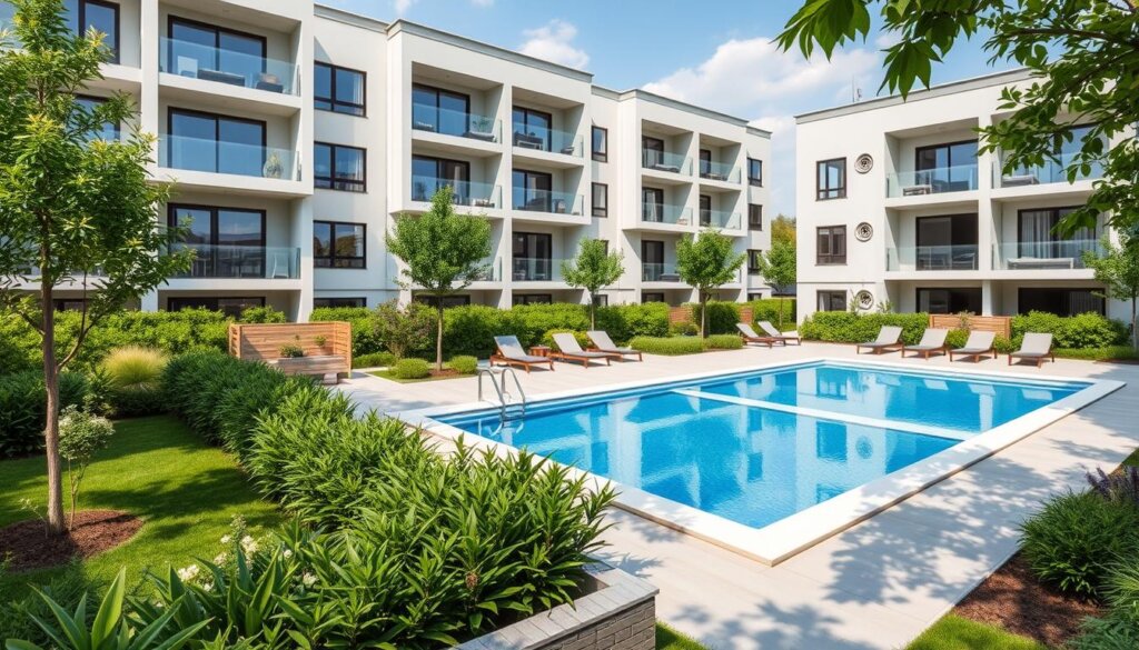 Image of a modern apartment complex in Side, Turkey, with a swimming pool and lush greenery