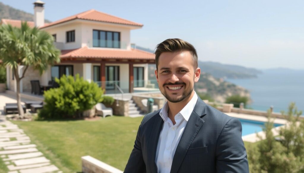 Image of a professional real estate agent in Kas, Turkey, standing in front of a property for sale.