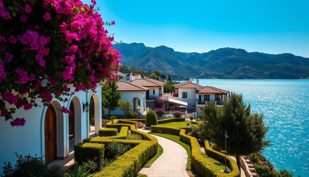 Kalkan villas nestled along the Mediterranean coastline, their white-washed walls and terracotta roofs reflecting the warm sunlight. Lush bougainvillea cascades over balconies, creating a vibrant, colorful contrast. In the foreground, a pathway winds through meticulously landscaped gardens, leading the eye towards the sparkling turquoise waters of the Aegean Sea. The middle ground features a cluster of villas, their architectural details showcasing the region's distinct Mediterranean style - arched entryways, ornate carved doors, and quaint courtyards. In the distance, rugged, verdant hills rise up, creating a picturesque backdrop for this idyllic coastal scene. The overall atmosphere is one of tranquility, elegance, and the quintessential charm of Turkey's Turquoise Coast.