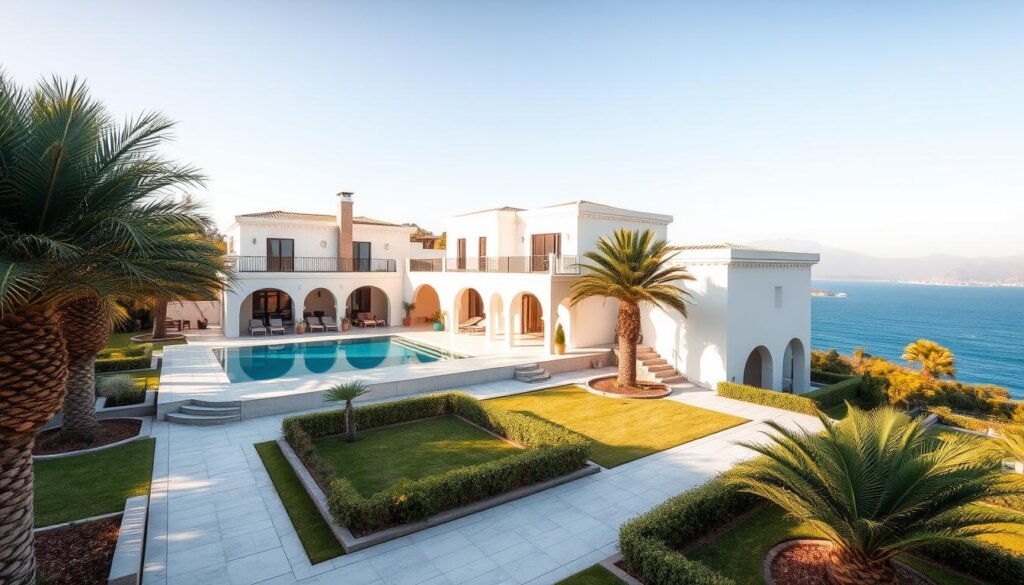 Luxurious villas nestled in the picturesque landscape of Side, Manavgat. Manicured gardens with lush palm trees frame the pristine white facades, accentuated by warm Mediterranean sunlight. Spacious terraces and infinity pools offer breathtaking views of the glistening turquoise waters of the Aegean Sea. Elegant arched entryways lead to opulent interiors, adorned with rich fabrics, polished marble floors, and high-end furnishings. A serene ambiance of sophisticated living, perfect for those seeking the ultimate in luxury and relaxation.