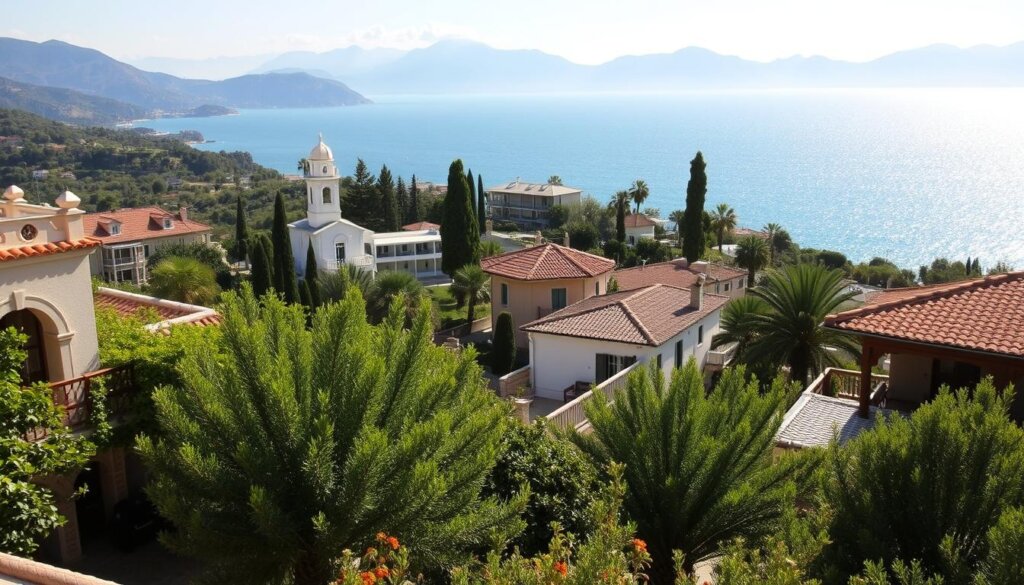 Picturesque villas nestled amidst lush greenery, overlooking the sparkling waters of the Mediterranean in Side, Turkey. In the foreground, traditional architectural details like arched doorways, ornate balconies, and terracotta roofs create an inviting atmosphere. The middle ground features a mix of modern and historic structures, seamlessly blending into the landscape. In the background, the turquoise sea and distant mountains provide a breathtaking backdrop, bathed in warm, golden sunlight. The scene exudes a sense of relaxed Mediterranean charm, perfect for a luxurious villa getaway.