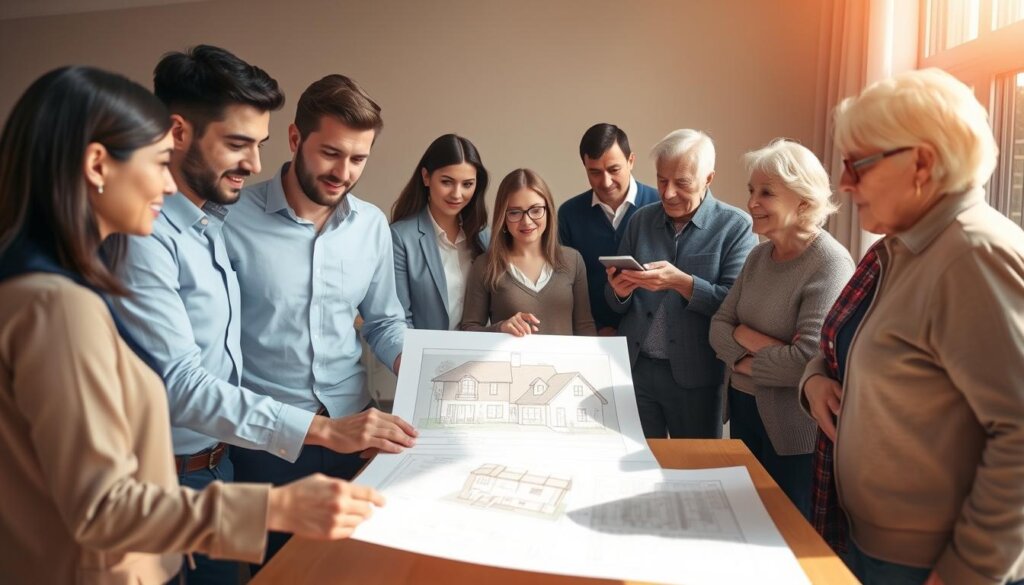 Side property buyers demographics: a diverse group of professionals, families, and investors gathered around a model home, examining floor plans and discussing financing options. The scene is bathed in warm, natural lighting, creating a welcoming atmosphere. In the foreground, a young couple consults with a real estate agent, gesturing towards the architectural rendering. In the middle ground, a group of millennials huddles, comparing notes on property taxes and rental yields. In the background, an older couple nods approvingly, envisioning their retirement dream home. The overall mood is one of excitement and anticipation, capturing the dynamic nature of the side property market.