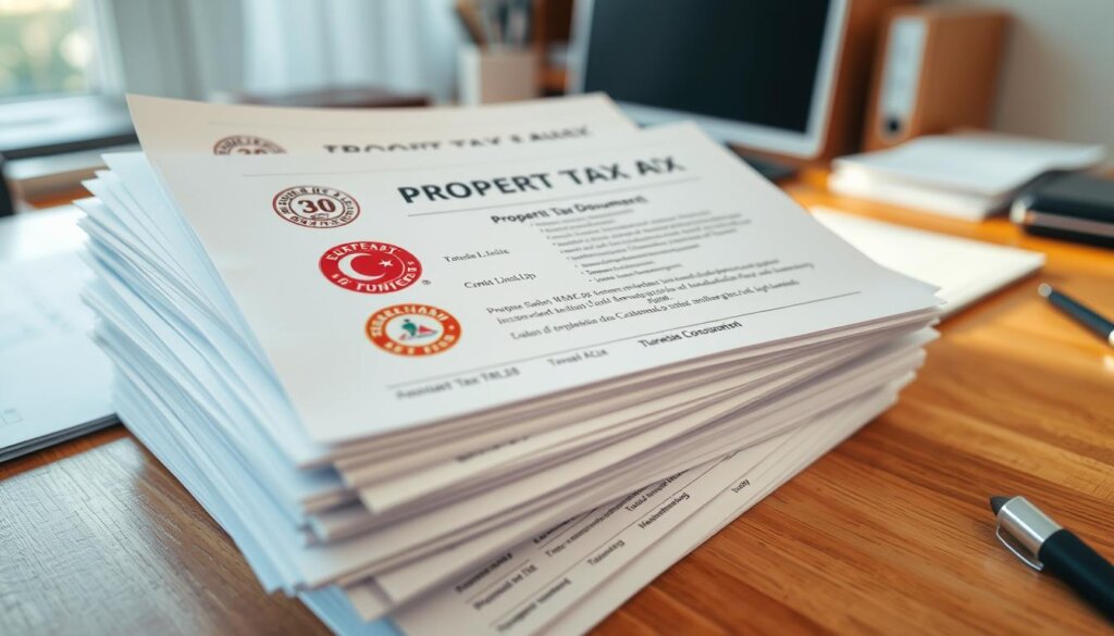a highly detailed, photorealistic image of a stack of Turkish property tax documents and forms, arranged neatly on a wooden desk in a well-lit office environment. The documents feature official Turkish government seals, stamps, and logos, conveying a sense of official bureaucracy. The camera angle is slightly elevated, capturing the scene from a slight birds-eye view, with the documents taking up the majority of the frame. The lighting is soft and natural, creating a warm, professional atmosphere. The background is slightly blurred, but hints at the presence of a computer, pen, and other office supplies, further emphasizing the administrative setting.