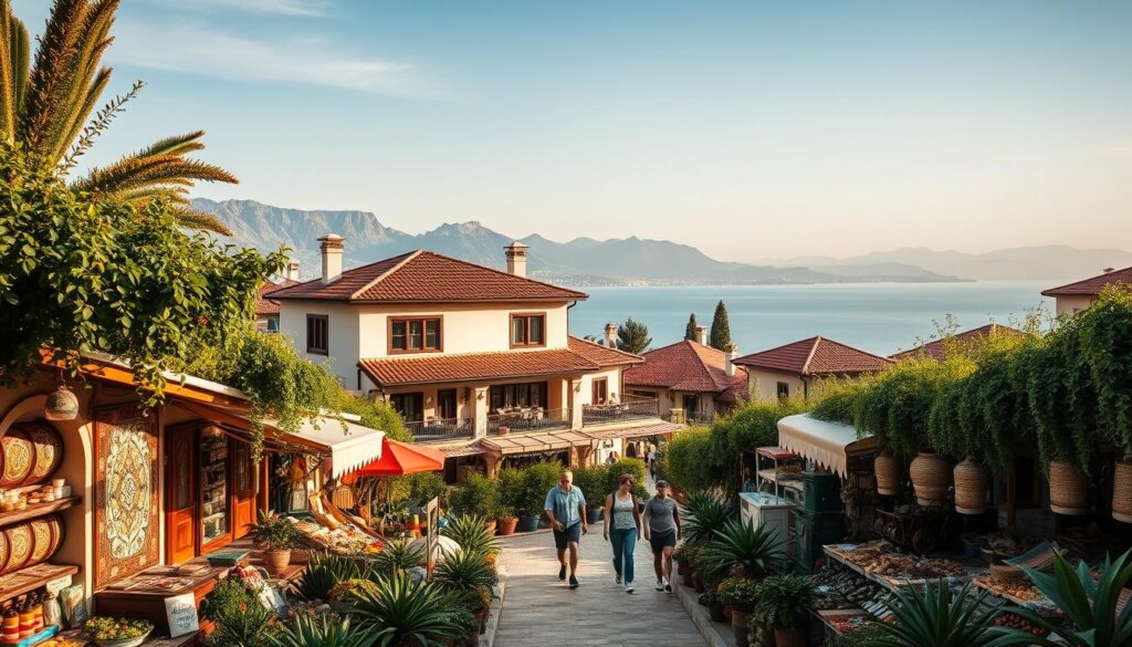 A Mediterranean villa nestled in the heart of the Alanya market, surrounded by lush landscaping and vibrant local shops. The foreground showcases an array of traditional architecture, intricate patterns, and vendors showcasing their wares. In the middle ground, prospective homebuyers stroll through the bustling marketplace, evaluating the diverse property types on offer - from grand, coastal villas to cozy, family-friendly abodes. The background captures the stunning natural beauty of the region, with the Taurus Mountains rising majestically in the distance, and the shimmering Mediterranean Sea stretching out beyond. The lighting is warm and inviting, creating a sense of tranquility and affluence, reflecting the affordable luxury of the Alanya villa market.