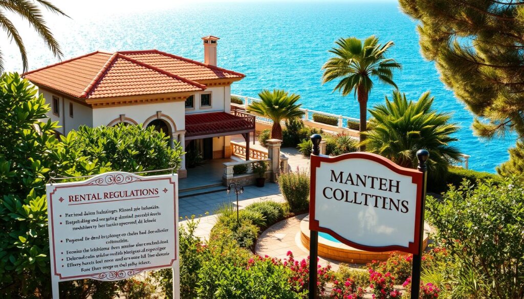 A beautifully-lit villa nestled among the lush Mediterranean greenery of Mersin, Turkey. The villa's elegant facade features intricate architectural details, arched entryways, and a terracotta-tiled roof. In the foreground, a signboard displays the rental regulations in a classic serif font, providing clear guidelines for prospective tenants. The middle ground showcases a well-manicured garden with vibrant flowers and a serene water feature. In the distance, the sparkling azure waters of the Mediterranean Sea create a picturesque backdrop, evoking a sense of tranquility and relaxation. The image is captured with a wide-angle lens, giving a comprehensive view of the villa and its surrounding environment.