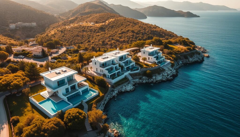 A breathtaking aerial view of luxury sea view villas nestled along the picturesque coastline of Kalkan, Turkey. In the foreground, pristine white villas with sleek, modern architecture and private pools reflect the crystal-clear turquoise waters of the Mediterranean. Surrounded by lush, verdant gardens, the villas are positioned to maximize the panoramic vistas of the shimmering sea and the rugged, sun-drenched hills in the distance. Warm, golden sunlight bathes the scene, casting soft shadows and highlighting the intricate details of the properties. The overall atmosphere exudes a sense of refined elegance, tranquility, and the ultimate in seaside living.