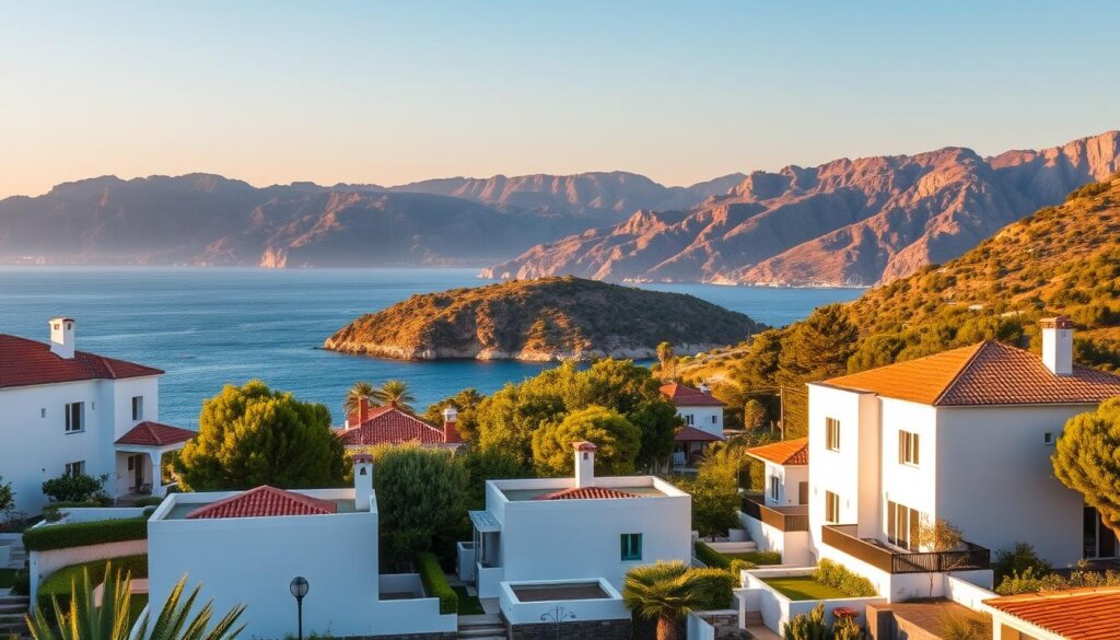 A breathtaking coastal landscape in Kas, Turkey, captured at golden hour. In the foreground, a row of picturesque sea view villas stand tall, their white walls and terra-cotta roofs gleaming in the soft, warm light. The villas are nestled amid lush, verdant gardens, creating a serene and tranquil atmosphere. In the middle ground, the crystal-clear waters of the Mediterranean Sea stretch out, reflecting the vibrant hues of the sky. In the background, rugged, sun-kissed mountains rise majestically, creating a dramatic and awe-inspiring backdrop. The scene is bathed in a soft, golden glow, evoking a sense of relaxation and holiday bliss.