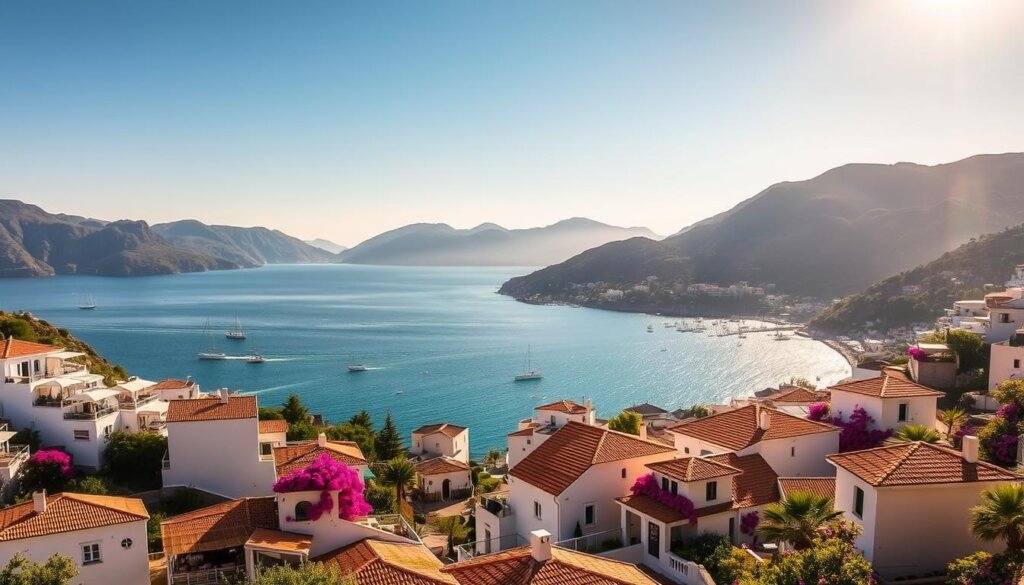 A breathtaking panoramic view of the Kalkan coastline, captured under the warm glow of the Mediterranean sun. In the foreground, picturesque white-washed villas and apartments cascading down the hillside, their terracotta roofs and bougainvillea-draped balconies creating a charming, quintessential Turkish aesthetic. The middle ground reveals a shimmering turquoise bay, its waters dotted with traditional wooden boats and yachts. In the distance, rugged, pine-covered mountains rise majestically, their peaks bathed in a hazy, golden light. The scene exudes a serene, tranquil atmosphere, perfectly capturing the allure of Kalkan's real estate landscape.