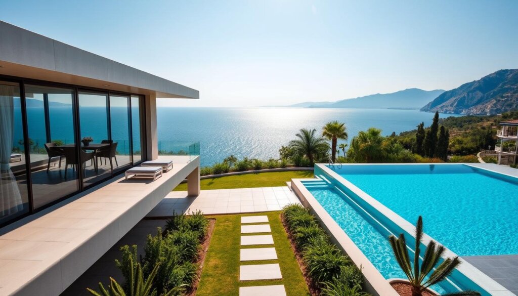 A breathtaking seaside property nestled in the charming town of Alanya, Turkey. The luxurious modern villa commands a panoramic view of the sparkling azure waters of the Mediterranean Sea. Sleek architectural lines and floor-to-ceiling windows blur the boundaries between indoor and outdoor living, inviting the gentle sea breeze and warm sunlight to flood the meticulously designed interiors. A pristine infinity pool glistens in the foreground, surrounded by a lush, landscaped garden. In the distance, the rugged Taurus Mountains provide a dramatic backdrop, creating a serene and picturesque setting for this exceptional real estate opportunity.
