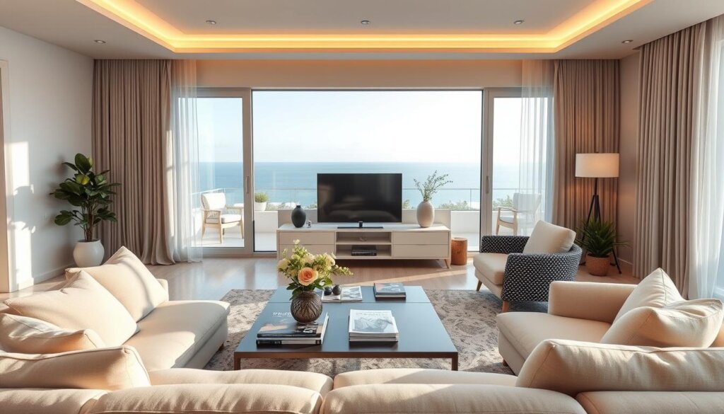 A bright, airy living room in a modern Belek apartment, showcasing essential staging elements. In the foreground, a plush sofa and matching armchair in neutral tones invite relaxation. On the coffee table, a tasteful vase of fresh flowers and a stack of design magazines. The middle ground features a sleek, minimalist entertainment unit displaying a flat-screen TV and carefully curated decor. Large windows flood the space with natural light, offering a view of the distant coastline. Warm, ambient lighting creates a welcoming atmosphere, while hints of greenery and natural textures throughout the room enhance the sense of tranquility. The overall composition strikes a balance between functionality and aesthetic appeal, making it an inviting and aspirational space for potential renters.