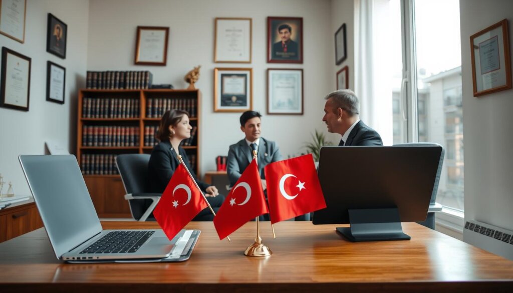 A bright and airy office interior, with large windows flooding the space with natural light. In the foreground, a wooden desk with a laptop, legal documents, and a Turkish flag centerpiece. Behind it, a bookshelf filled with thick law volumes. In the middle ground, two people - a real estate agent and a prospective foreign buyer - sit across from each other, engaged in a discussion. The walls are adorned with framed certificates and awards, conveying a sense of professionalism and expertise. Overall, the scene radiates a feeling of transparency, trust, and adherence to the legal process for purchasing Turkish property.