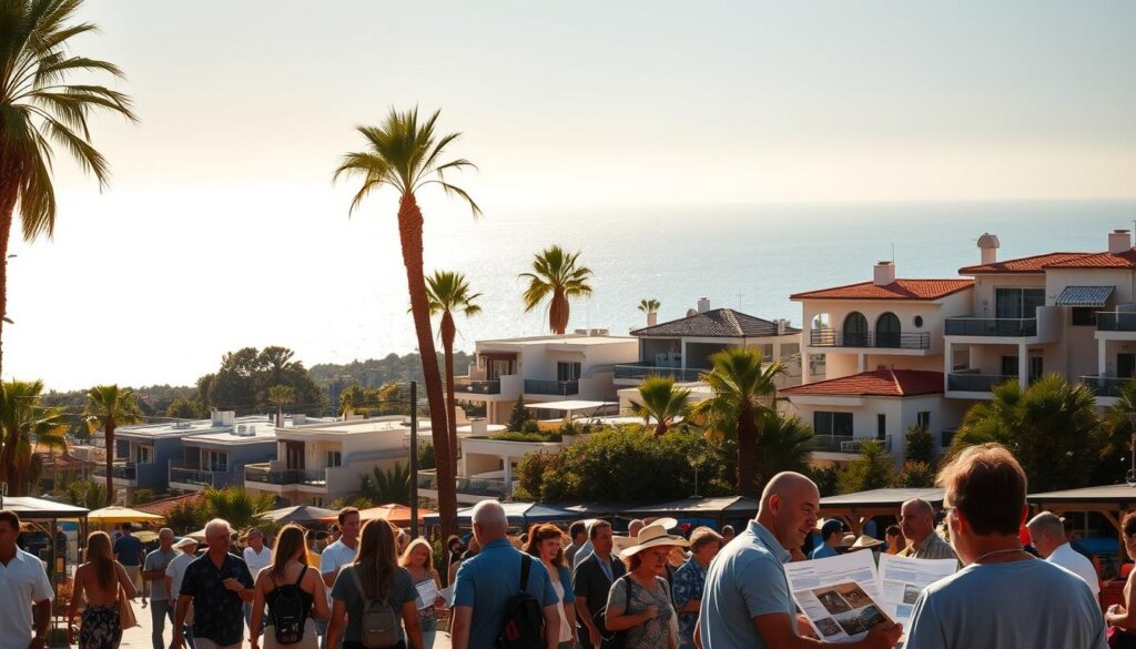 A bustling Alanya rental market, with rows of modern apartment buildings and villas set against the backdrop of the shimmering Mediterranean Sea. In the foreground, prospective tenants browse through rental listings, consulting with local real estate agents. The scene is awash in warm, golden light, capturing the vibrant atmosphere of this thriving coastal community. Tall palm trees sway gently in the breeze, adding to the inviting ambiance. The middle ground features a mix of traditional Turkish architecture and contemporary design, showcasing the diverse rental options available. The image conveys a sense of opportunity and potential, reflecting the dynamic nature of the Alanya rental market.