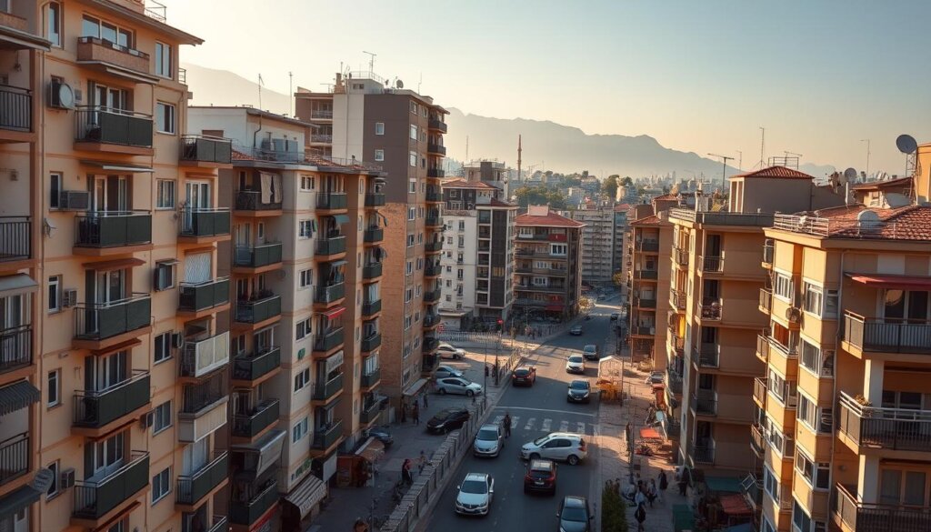 A bustling Turkish apartment complex, multiple high-rise buildings in the foreground, with a mix of modern and traditional architectural styles. Colorful awnings, balconies, and satellite dishes adorn the facades, giving a lively, urban atmosphere. In the middle ground, cars and pedestrians move through the streets, while the background features a hazy, mountainous skyline. The scene is bathed in warm, golden afternoon sunlight, casting long shadows and highlighting the vibrant details. A wide-angle lens captures the sense of scale and density within the thriving Turkish apartment market.