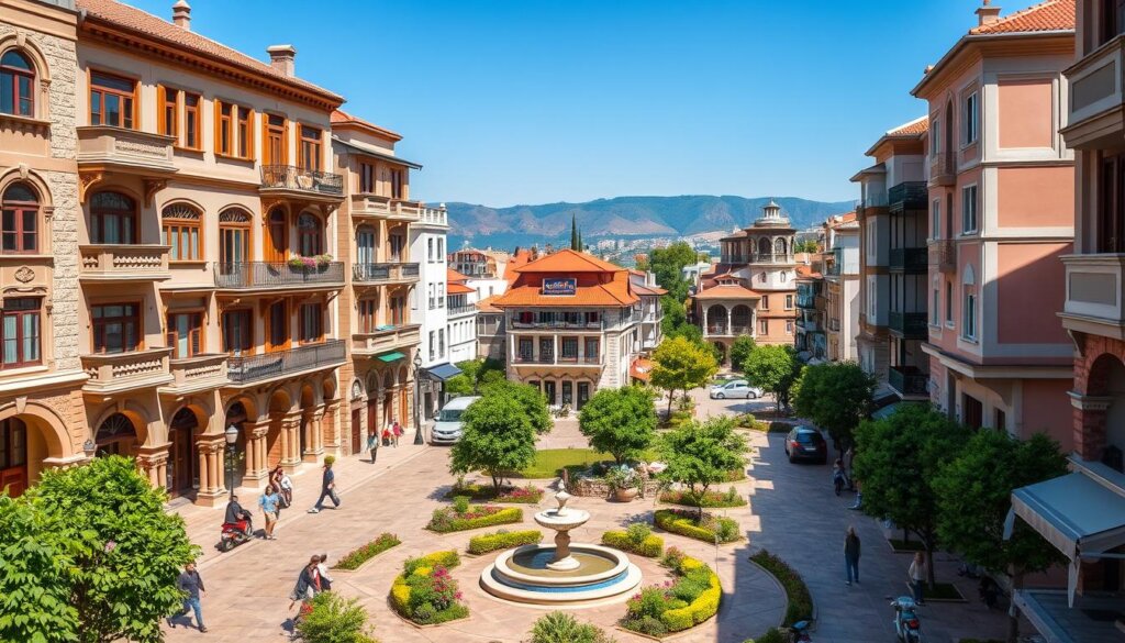 A bustling Turkish street lined with multi-story apartment buildings and villas, bathed in warm Mediterranean sunlight. Ornate facades of stone, brick, and stucco, featuring arched windows, decorative balconies, and tiled roofs. In the foreground, a tranquil courtyard with a central fountain, surrounded by lush greenery and flowering plants. In the middle ground, pedestrians stroll along the sidewalks, while cars and scooters navigate the narrow streets. In the background, the silhouettes of distant hills and a clear blue sky. The scene exudes a harmonious blend of traditional architecture and modern urban living, capturing the vibrant essence of popular Turkish residential properties.