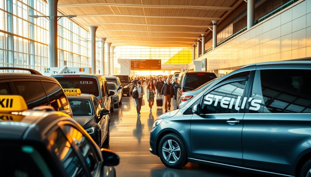 A bustling airport terminal, showcasing a variety of ground transportation options. In the foreground, a fleet of sleek, modern vehicles - taxis, shuttle buses, and private transfer cars, all vying for passengers' attention. In the middle ground, travelers hurry past with their luggage, their faces lit by the warm, natural lighting filtering in through the terminal's large windows. In the background, the airport's iconic architecture frames the scene, a blend of glass, steel, and clean lines. The overall atmosphere is one of efficiency and convenience, inviting travelers to easily navigate their journey from the airport to their final destination. A bustling airport terminal, showcasing a variety of ground transportation options. In the foreground, a fleet of sleek, modern vehicles - taxis, shuttle buses, and private transfer cars, all vying for passengers' attention. In the middle ground, travelers hurry past with their luggage, their faces lit by the warm, natural lighting filtering in through the terminal's large windows. In the background, the airport's iconic architecture frames the scene, a blend of glass, steel, and clean lines. The overall atmosphere is one of efficiency and convenience, inviting travelers to easily navigate their journey from the airport to their final destination.