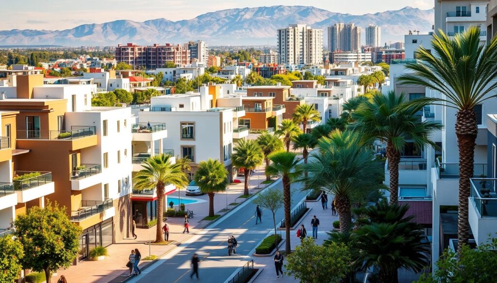 A bustling city center in Belek, Turkey, filled with vibrant modern apartments, townhouses, and condominiums. The sun casts a warm glow over the scene, illuminating the varied architectural styles - some with sleek, minimalist facades, others with intricate detailing. Lush greenery and palm trees line the streets, creating a sense of tranquility amidst the urban landscape. Pedestrians stroll along the sidewalks, enjoying the lively atmosphere as local shops and cafes dot the area. In the distance, the silhouettes of taller high-rise buildings can be seen, hinting at the city's dynamic growth. An inviting and affordable oasis of modern living amid the captivating natural beauty of the Turkish Riviera.