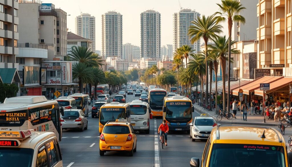 A bustling city scene in Mersin, Turkey, capturing the diverse daily transport and leisure activities. In the foreground, a variety of vehicles - buses, taxis, bicycles, and pedestrians - navigate the city streets. The middle ground showcases an array of shops, cafes, and local markets, reflecting the vibrant commercial and social life of the city. In the background, towering buildings and palm trees create a distinct urban landscape, with warm, golden lighting casting a welcoming atmosphere. The image conveys the energy and character of Mersin, highlighting the accessible and affordable nature of daily commutes and leisure pursuits within the city.
