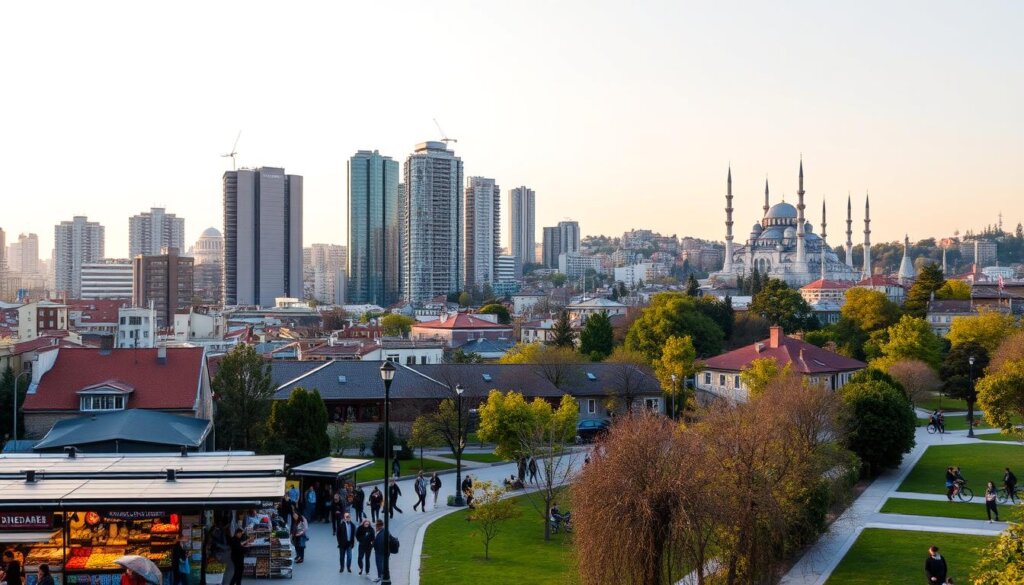 A bustling city skyline of Istanbul, where modern high-rises and historic landmarks coexist in harmonious contrast. In the foreground, a lively open-air market showcases vibrant local produce, artisanal crafts, and street food vendors. Mid-ground, a public park with lush greenery and families enjoying leisurely strolls, while joggers and cyclists take advantage of well-maintained pathways. In the background, the iconic domes and minarets of mosques rise against a warm, golden-hued sky, illuminated by the soft glow of the setting sun. Overall, a scene that captures the essence of Istanbul's thriving lifestyle amenities and the allure of its real estate opportunities.