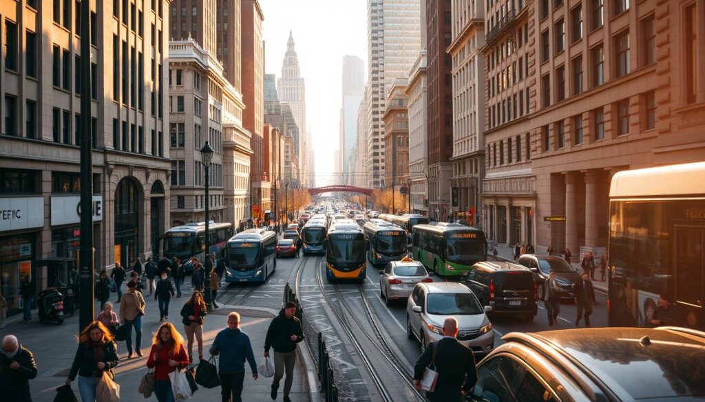 A bustling city street, captured from an elevated perspective, showcasing the contrast between public transportation and walkability. In the foreground, a bustling sidewalk with pedestrians navigating the urban landscape, some carrying shopping bags, others strolling leisurely. In the middle ground, a variety of public transportation options, including buses, trams, and taxis, weaving through the congested traffic. The background features towering buildings, their architectural styles reflecting the city's rich history and modernity. The scene is illuminated by warm, golden sunlight, casting long shadows and creating a sense of depth and atmosphere. The overall composition highlights the dynamic interplay between the efficient public transit system and the pedestrian-friendly infrastructure, offering a compelling visual representation of the city's transportation landscape.