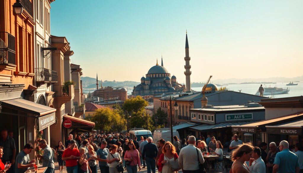 A bustling city street in Istanbul, Turkey, lined with vibrant shops, cafes, and historic buildings. In the foreground, locals and tourists mingle, sipping Turkish tea and admiring the intricate architecture. The mid-ground features a grand mosque with its iconic minarets rising into a clear, azure sky. In the background, the Bosphorus Strait shimmers, with boats and ships navigating its waters. The scene is illuminated by warm, golden sunlight, casting a dreamy, atmospheric glow over the entire tableau. An urban oasis of cultural richness and timeless charm.