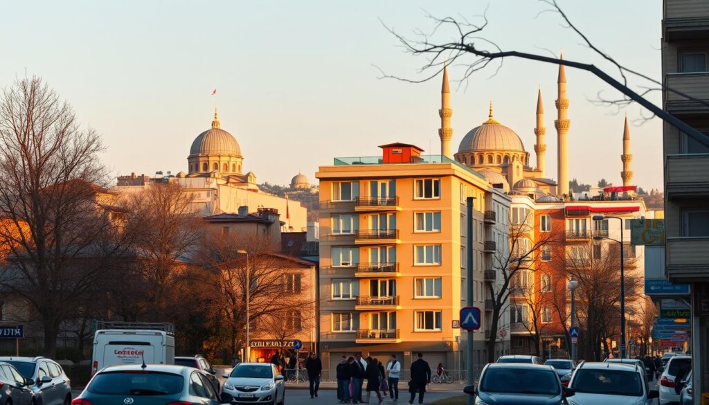 A bustling city street in Istanbul, Turkey, with a mid-rise apartment building in the foreground. The building has a well-maintained exterior, suggesting a professional property management company. In the middle ground, a group of people, likely tenants, are conversing outside the building, conveying a sense of community. The background features the iconic domes and minarets of Istanbul's historic skyline, bathed in warm, golden afternoon light. The scene exudes an air of legal compliance and regulatory oversight, with the city's architectural heritage serving as a backdrop for modern rental practices.