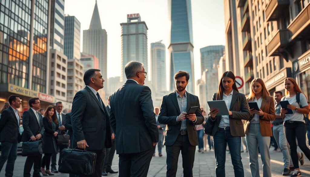 A bustling city street in Istanbul, with high-rise buildings and towering skyscrapers in the background. In the foreground, two distinct groups stand face-to-face: on the left, a team of professional real estate agents, dressed in sharp suits and carrying briefcases, and on the right, a group of young, tech-savvy individuals representing online rental platforms, their laptops and smartphones in hand. The scene is bathed in warm, golden light, creating an atmosphere of competition and innovation. The agents and platform representatives appear engaged in a serious discussion, their body language and facial expressions conveying the tension and challenges of the evolving real estate landscape. The image captures the dynamic interplay between traditional real estate practices and the disruptive power of digital solutions.