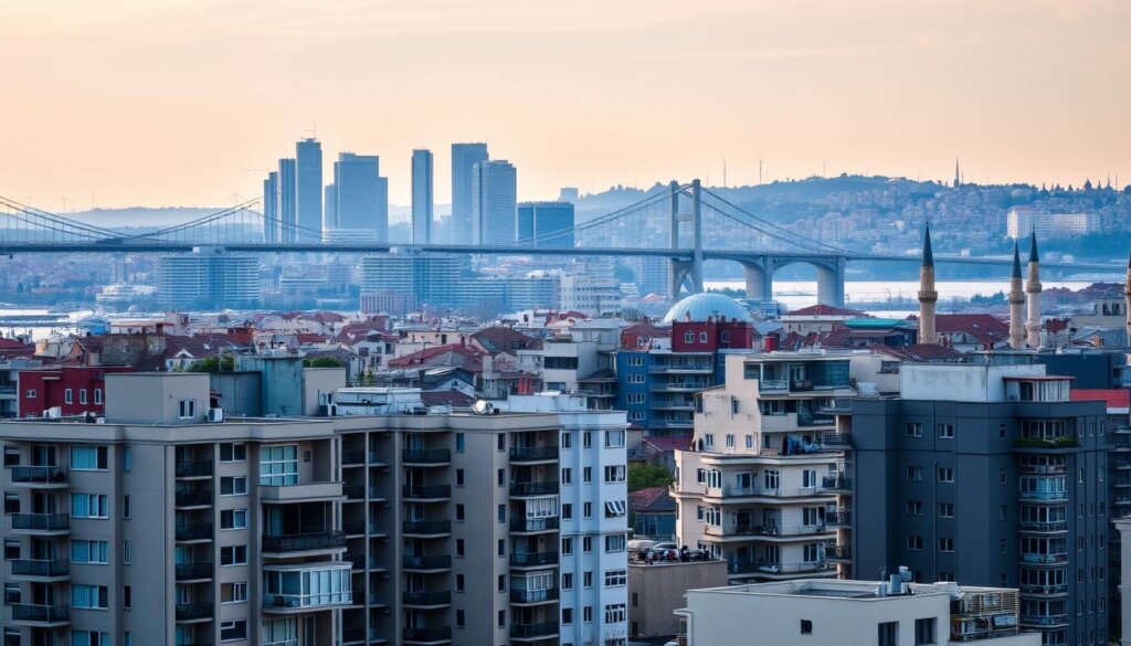 A bustling cityscape of Istanbul's skyline, with the iconic Bosphorus Bridge as the focal point. In the foreground, a series of modern apartment buildings in varying shades of grey and beige, their balconies and windows hinting at the lives within. In the middle ground, skyscrapers and high-rise structures reach towards the sky, a testament to the city's rapid urbanization. The background is a hazy blend of rooftops, minarets, and the distant hills, bathed in the warm glow of a setting sun. The image conveys a sense of density, growth, and the continuously evolving cost of living in this vibrant, historic metropolis.