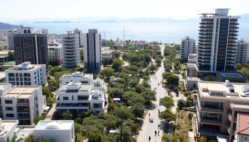 A bustling cityscape of Mersin, Turkey, showcasing its vibrant real estate market. In the foreground, modern high-rise buildings and luxurious villas stand tall, their sleek facades gleaming under the warm Mediterranean sun. The middle ground features a winding network of tree-lined streets, with locals and prospective buyers strolling by. In the background, the sparkling blue waters of the Mediterranean Sea stretch out, framed by the majestic Taurus Mountains. The scene exudes a sense of prosperity, growth, and a lively real estate industry catering to a range of buyers seeking their dream homes in this picturesque coastal city.