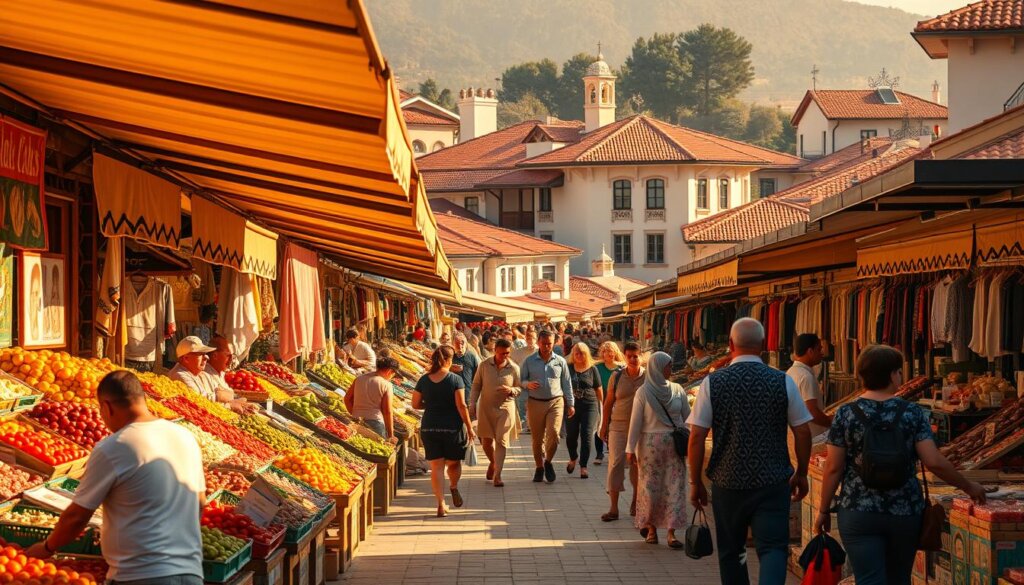 A bustling open-air villa market in Belek, Turkey, bathed in warm afternoon sunlight. The foreground features rows of colorful produce stalls, awnings, and vendors enthusiastically displaying their wares. In the middle ground, shoppers meander through the lively atmosphere, examining local textiles, handicrafts, and spices. The background reveals the charming architecture of Belek's villas, their terracotta roofs and ornate facades complementing the vibrant market scene. The lighting casts deep shadows, adding depth and drama to the composition. The overall mood is one of cultural vibrancy, commercial activity, and a sense of community.