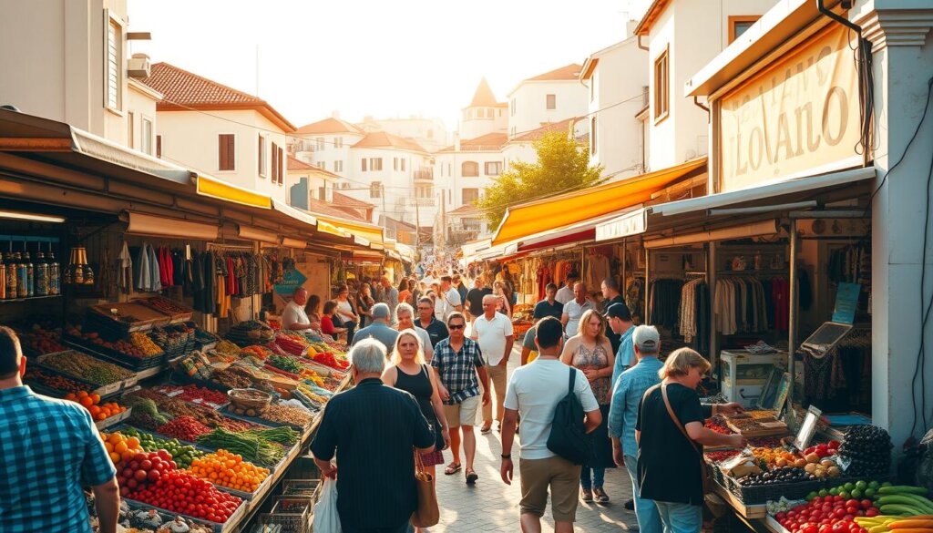 A bustling outdoor market in Alanya, Turkey, with vibrant stalls displaying an array of local produce, spices, and handcrafted goods. Warm afternoon sunlight casts a golden glow, highlighting the rich colors and textures of the scene. In the foreground, shoppers browse the stalls, examining the fresh fruits and vegetables, haggling with the friendly vendors. In the middle ground, a mix of locals and tourists mingle, exchanging lively conversations and gestures. The background is framed by the iconic Mediterranean architecture, with its white-washed buildings and terracotta roofs. The overall atmosphere is one of lively activity, capturing the essence of daily life and expenses in this charming coastal town.