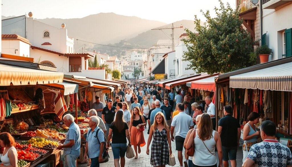 A bustling outdoor market in the heart of Fethiye, Turkey, with vibrant stalls displaying an array of local produce, handmade crafts, and traditional textiles. In the foreground, groups of locals and tourists mingle, examining the wares and engaging in lively conversations. The middle ground is filled with the movement of shoppers navigating the narrow streets, while the background features the iconic white-washed buildings and the towering Taurus Mountains, bathed in warm, golden sunlight. The scene exudes a sense of community, cultural authenticity, and the enduring traditions that define the Fethiye lifestyle.