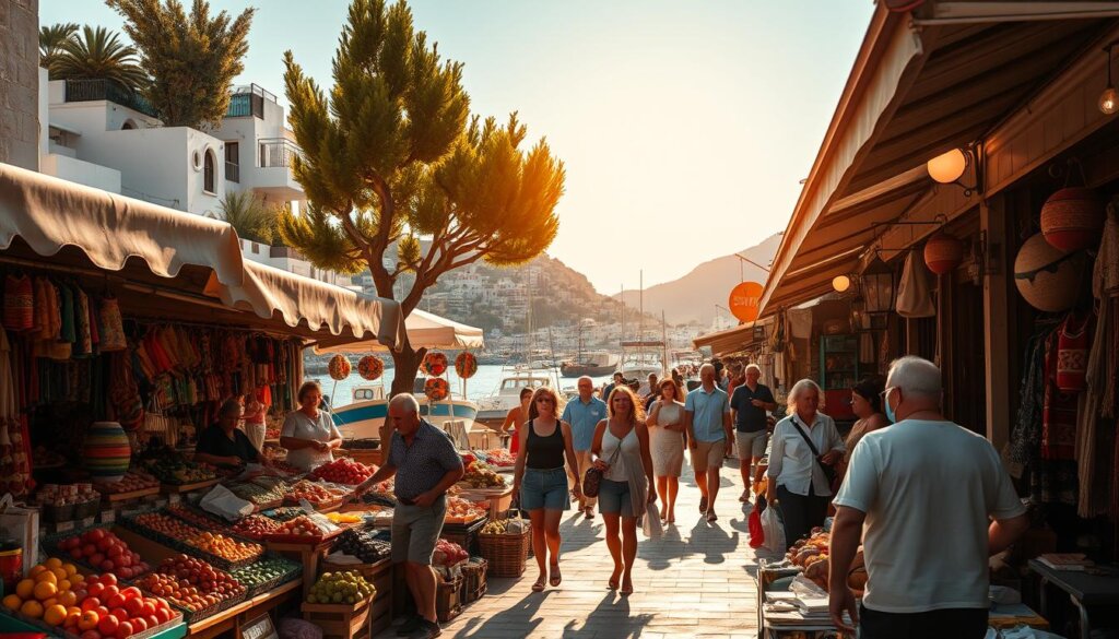 A bustling outdoor marketplace in the sun-drenched coastal town of Kas, Turkey. In the foreground, vendors offer an array of local produce, handicrafts, and traditional wares, their colorful displays enticing passersby. Mid-frame, shoppers stroll leisurely through the lively bazaar, haggling good-naturedly with merchants. The background reveals the picturesque Mediterranean harbor, with bobbing fishing boats and whitewashed buildings cascading down the hillside. Warm, golden light filters through the scene, imbuing it with a sense of vibrant energy and tranquil charm. A captivating glimpse of the thriving rental market at the heart of this enchanting Turkish destination.